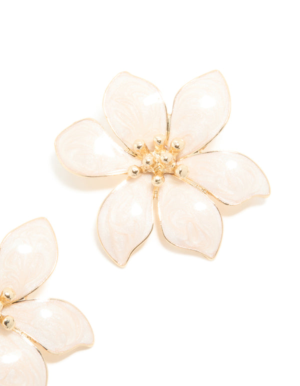 Gold Cream Enamel Swirl Statement Flower Stud Earrings