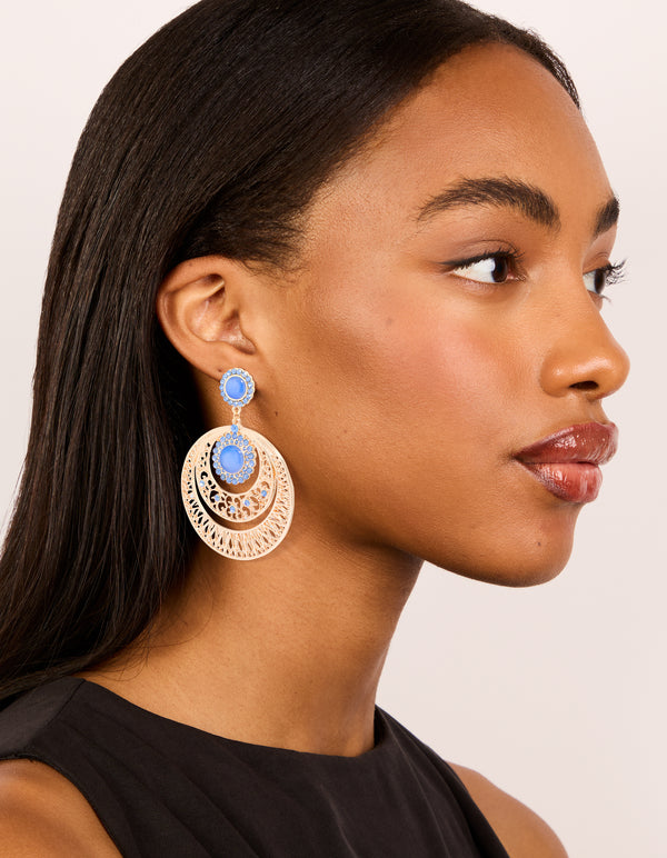 Gold Light Blue Stone & Diamante Detailed Boho Drop Earrings