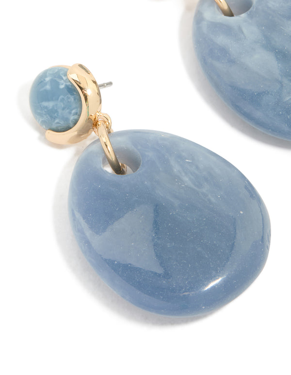 Gold Blue Beaded Teardrop Drop Earrings