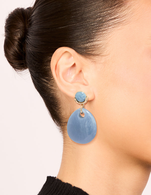 Gold Blue Beaded Teardrop Drop Earrings