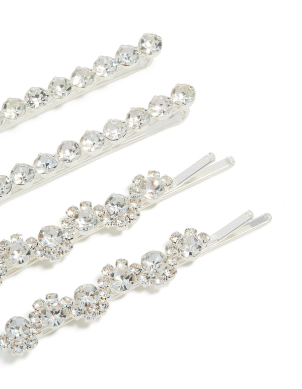 Silver Diamantes Hair Clips 4-Pack