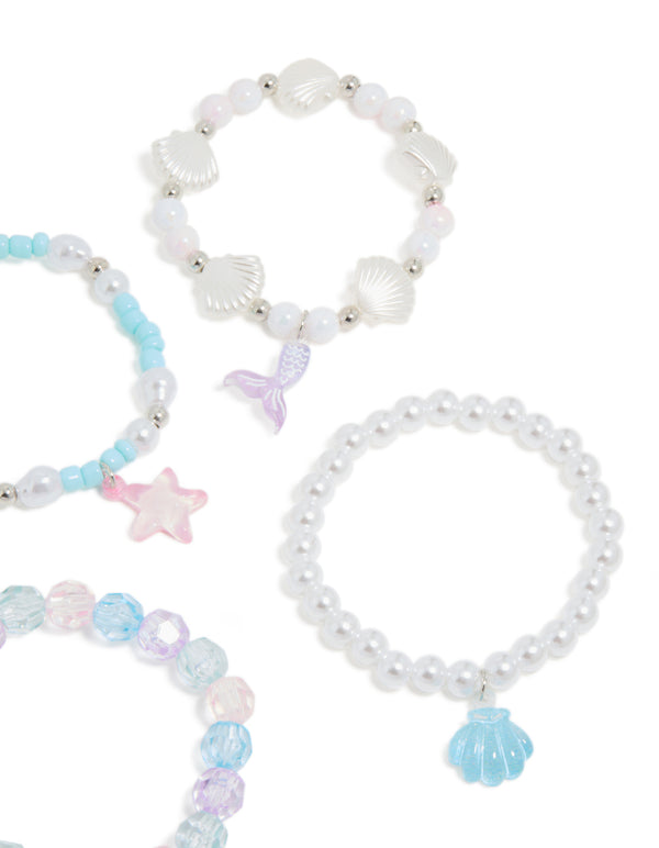 Kids Beaded Pearl Shell Stretch Bracelets 5-Pack