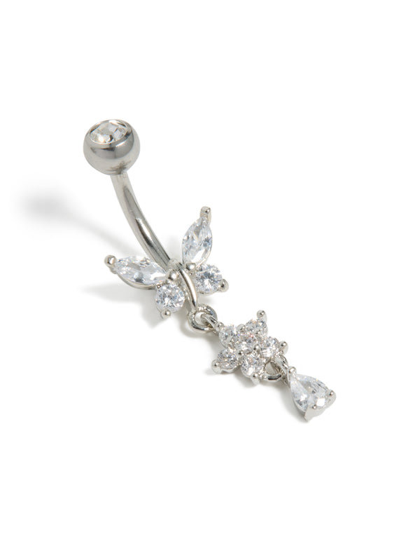 Showcasing a surgical steel cubic zirconia butterfly and flower belly bar featuring balls, charm dangling with bar design in silver front view