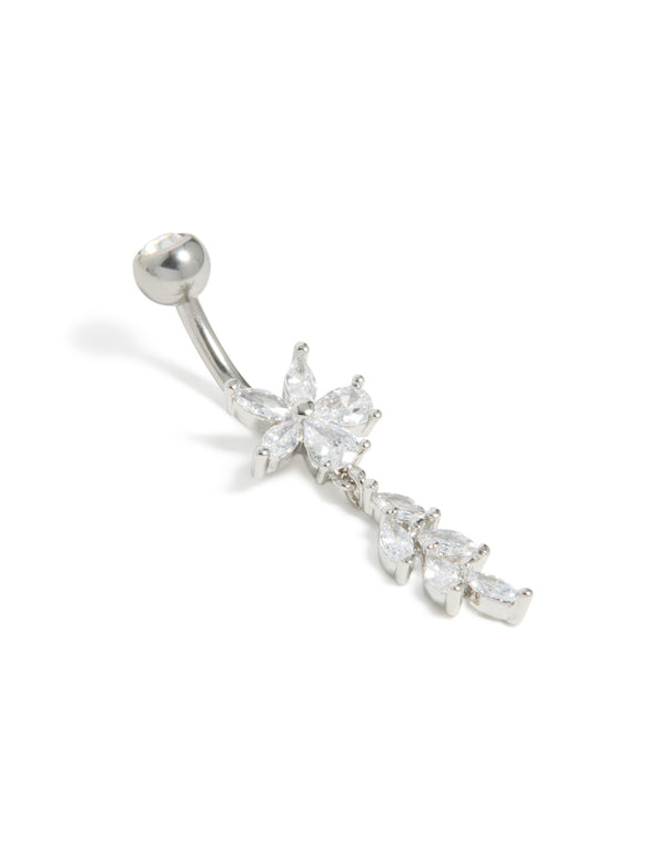 Showcasing a surgical steel cubic zirconia flower vine drop belly bar with charm and floral design in silver front view