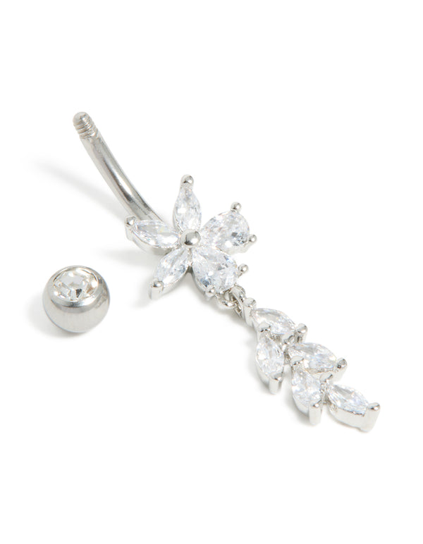 Detailed product view of a surgical steel cubic zirconia flower vine drop belly bar featuring floral motif accents in silver detail view