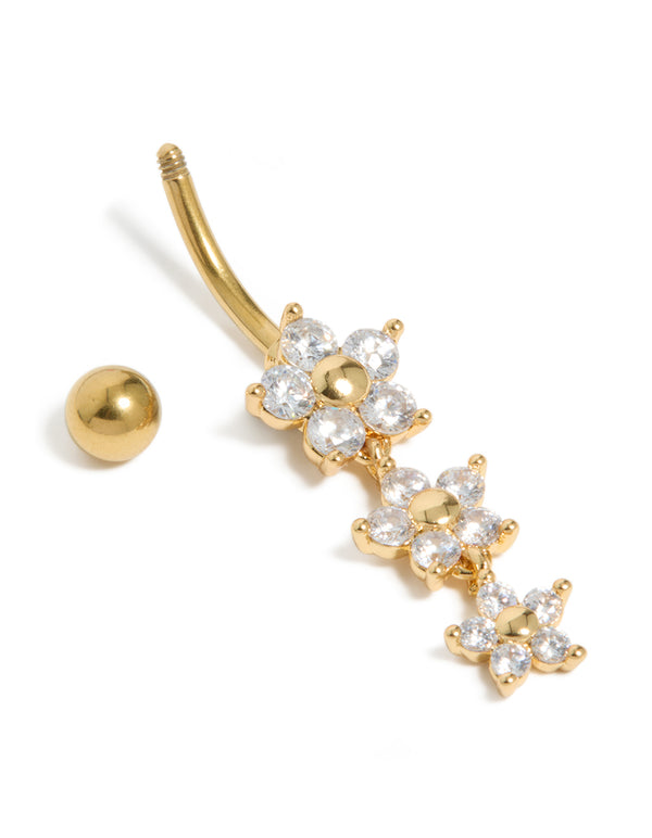 Designed with gold plated surgical steel and cubic zirconia, this 3 flower drop belly bar features a ball closure detail view