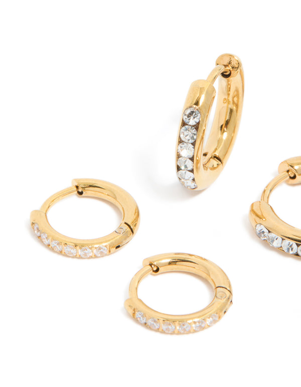 Waterproof Gold Plated Stainless Steel Pavé & Plain Huggies Earrings 3-Pack