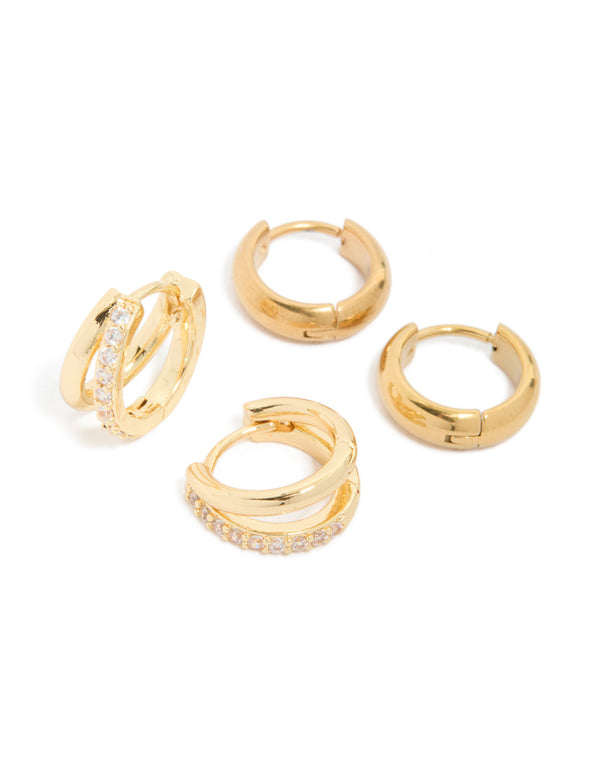 Waterproof Gold Plated Stainless Steel Chubby & Diamante Huggie Earrings 2-Pack
