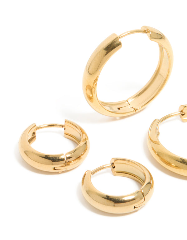Designed with waterproof gold plated stainless steel , these thick, small and large hoop earrings in a 2-pack featuring chunky statement construction in a close up view
