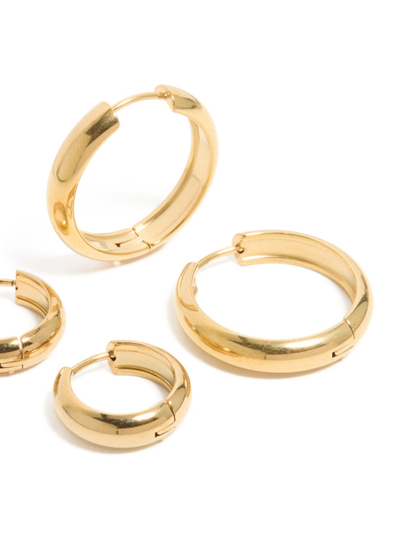 Highlighting these waterproof gold plated stainless steel thick, small and large hoop earrings in a 2-pack with chunky statement detail in a post detail view