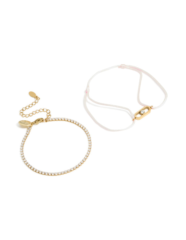 Waterproof Gold Plated Stainless Steel Cubic Zirconia & Pink Cord Tennis Bracelet Set