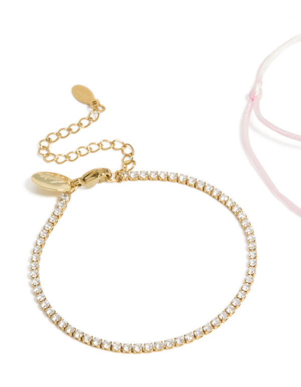 Waterproof Gold Plated Stainless Steel Cubic Zirconia & Pink Cord Tennis Bracelet Set