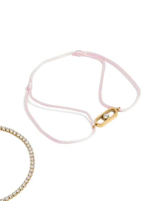 Waterproof Gold Plated Stainless Steel Cubic Zirconia & Pink Cord Tennis Bracelet Set