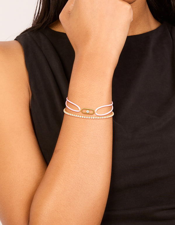 Waterproof Gold Plated Stainless Steel Cubic Zirconia & Pink Cord Tennis Bracelet Set