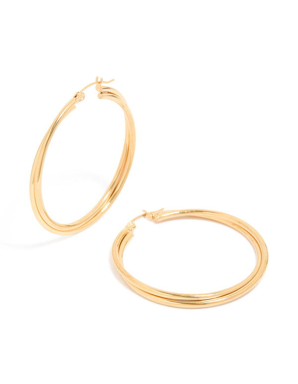 Gold plated surgical steel crossover hoop earrings in 40 MM front view