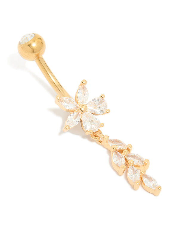 Gold Plated Titanium Cubic Zirconia Flower Vine Belly Bar