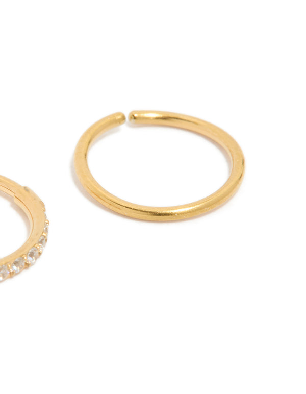 Featuring gold plated surgical steel cubic zirconia hinged and plain nose rings in a 2-pack with hoop closure detail view