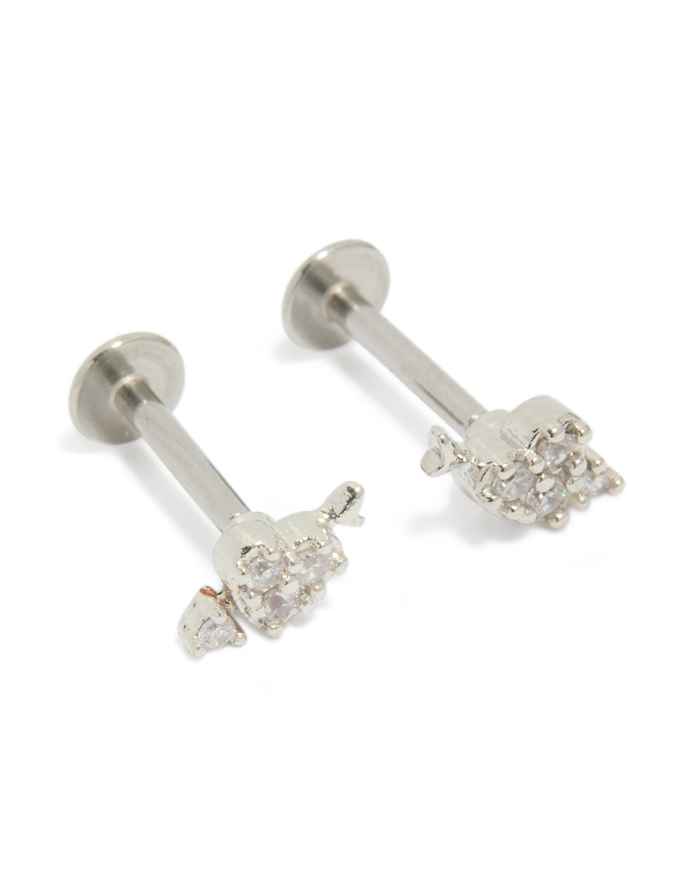 Featuring heart arrow flat back studs earrings crafted from surgical steel with cubic zirconia in silver with a front view