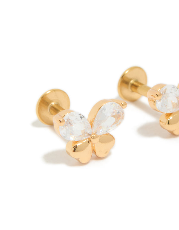 Featuring butterfly detailing, gold plated surgical steel and flat back, these studs with cubic zirconia in a close up view