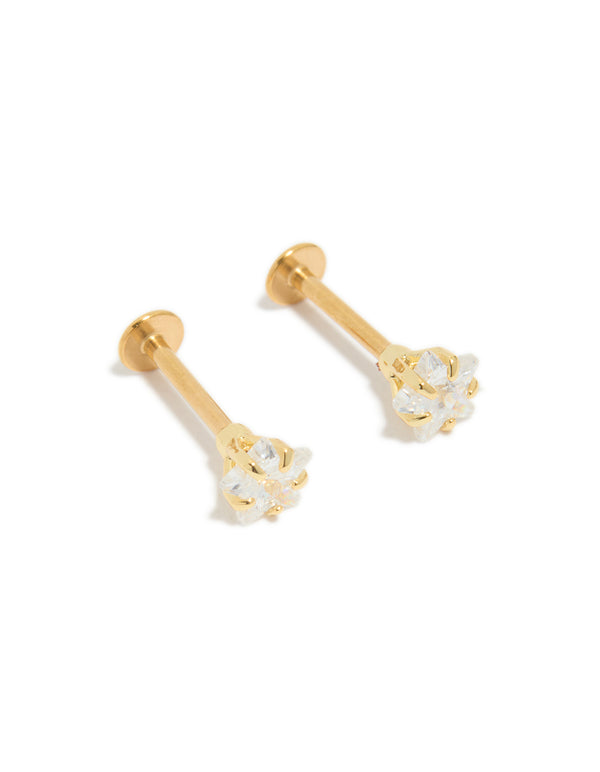 Featuring celestial star, these studs with cubic zirconia and flat back crafted from gold plated surgical steel front view