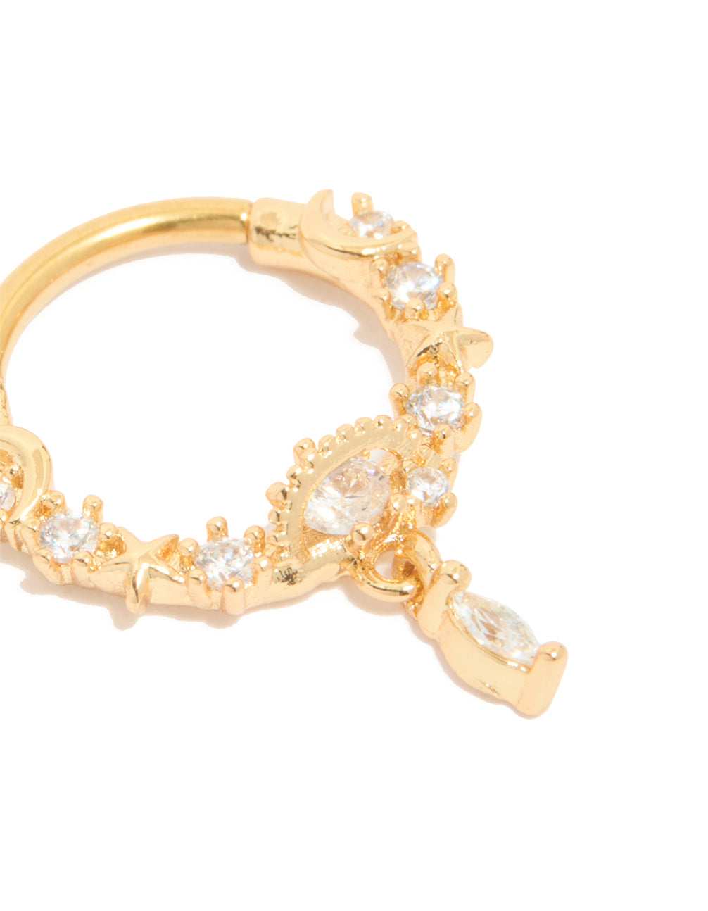 Celestial hoop clicker ring with cubic zirconia, star details, and gold plated surgical steel construction close up view