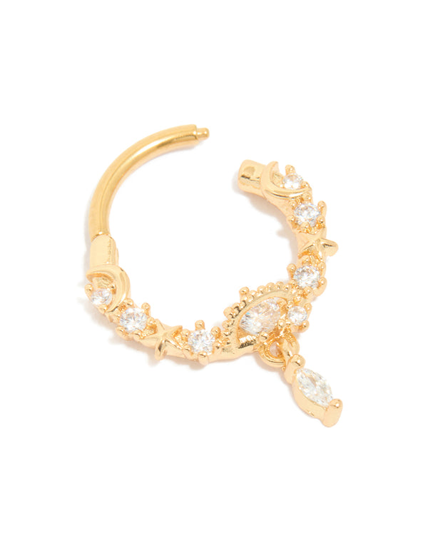 Elegant gold plated surgical steel cubic zirconia planet drop clicker ring with celestial star accents in detail view