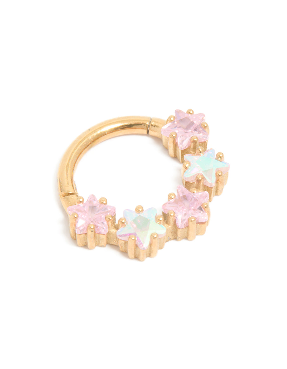 Showcasing a celestial star clicker ring crafted from gold plated surgical steel with pink cubic zirconia and pale turquoise accents front view