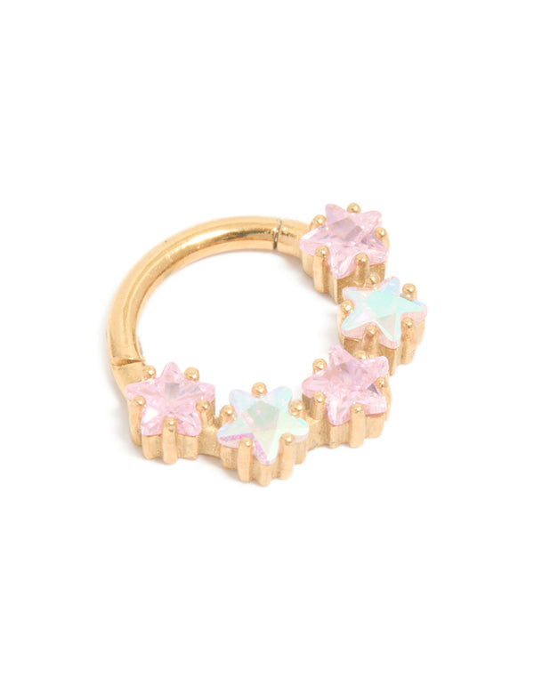 Showcasing a celestial star clicker ring crafted from gold plated surgical steel with pink cubic zirconia and pale turquoise accents front view
