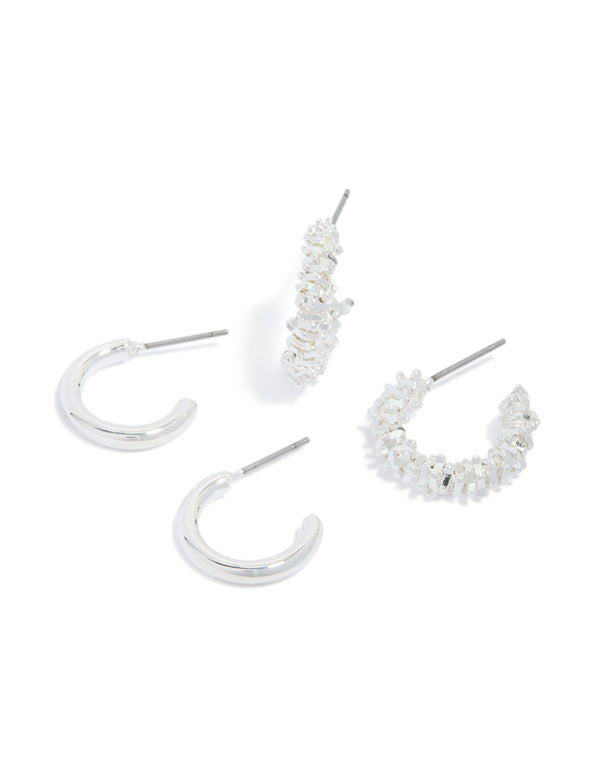 Silver Molten Smooth & Textured Open Hoop Earrings 2-Pack