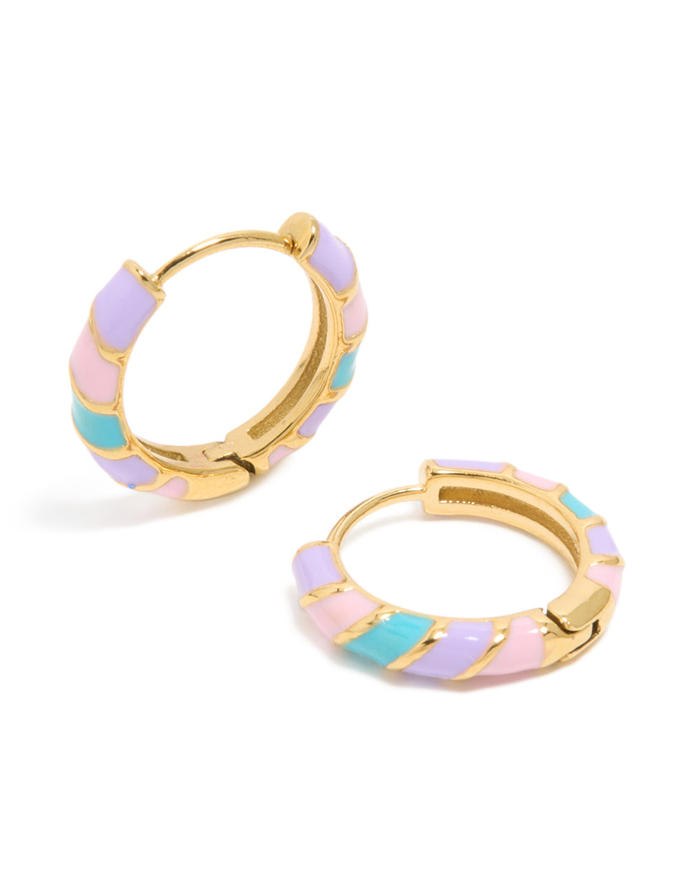 Showcasing kids waterproof, gold plated, stainless steel, striped, white and purple, enamel huggie earrings in a front view