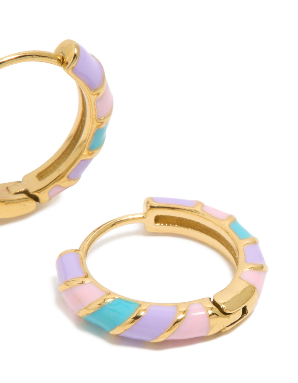 Presenting kids waterproof, gold plated, stainless steel, striped, white and purple, enamel huggie earrings in a post detail view