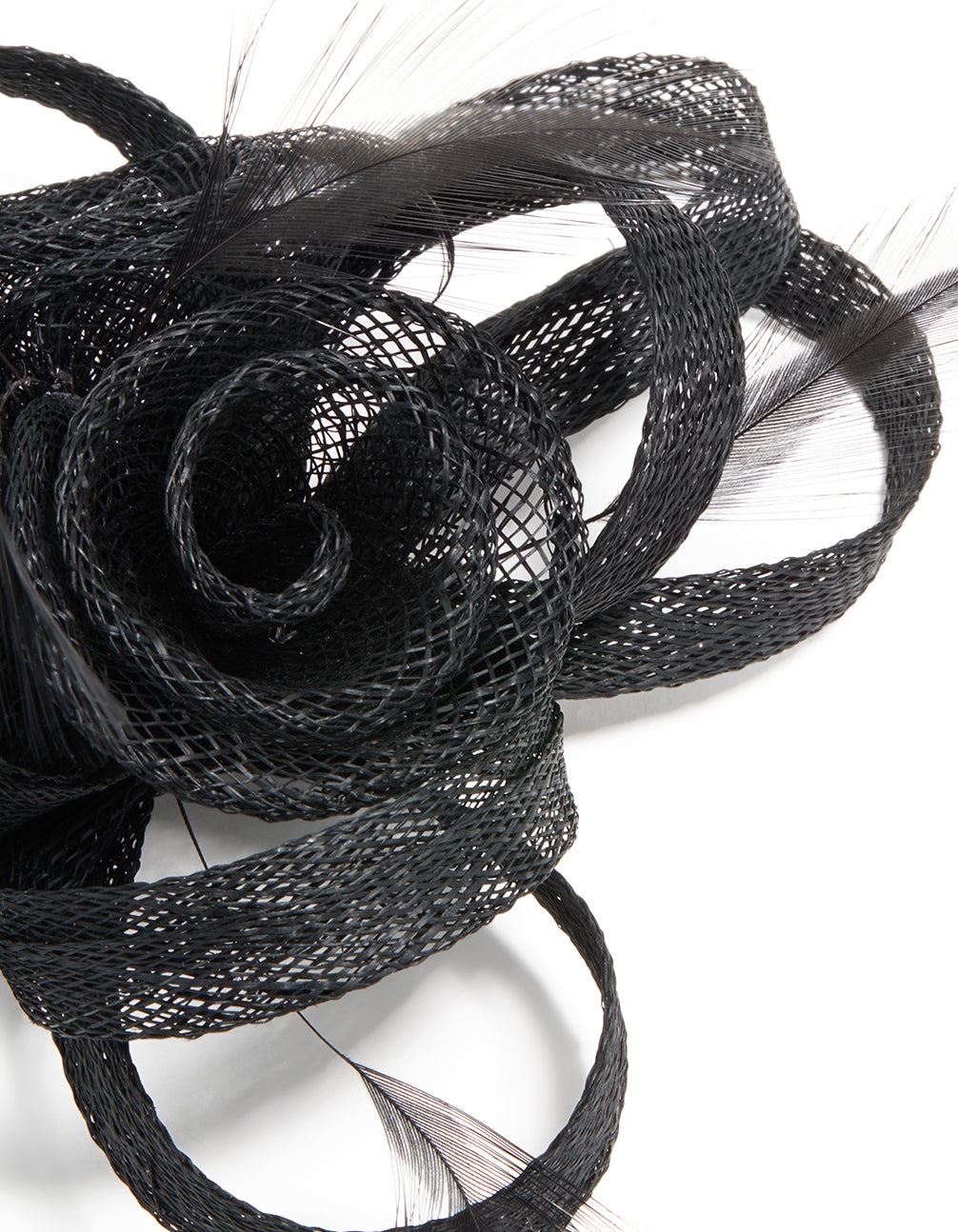 Black Sinamay Fabric Swirl & Feather Hair Clip