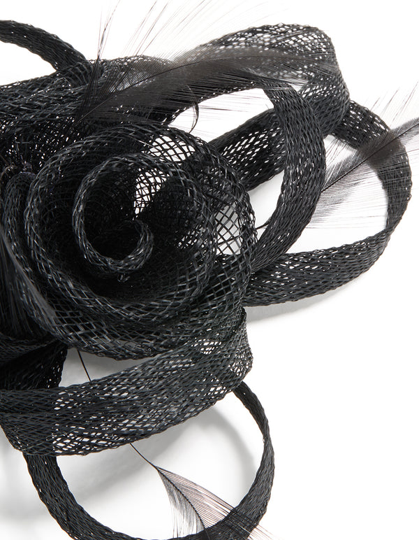 Black Sinamay Fabric Swirl & Feather Hair Clip