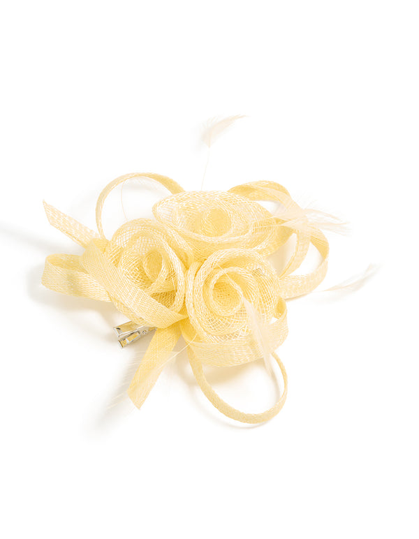 Yellow Sinamay Fabric Swirl & Feather Hair Clip
