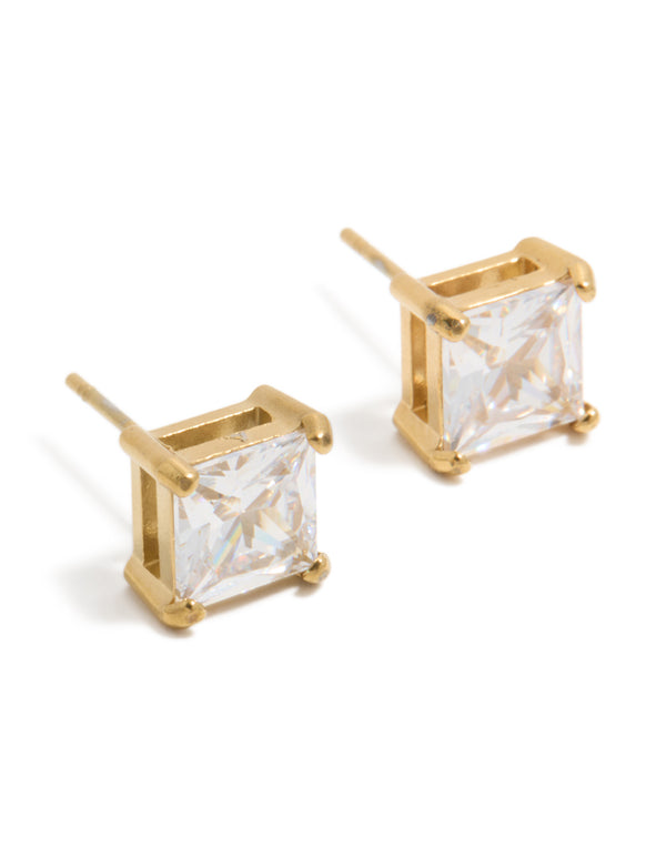 Mens Waterproof Gold Plated Stainless Steel Large Square Cubic Zirconia Stud Earrings