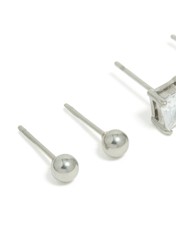 Mens Waterproof Stainless Steel Square Cubic Zirconia & Ball Earrings 2 Pack