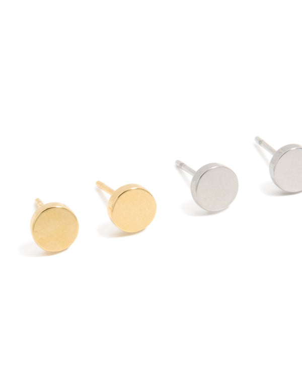 Mens Waterproof Mixed Plated Stainless Steel Flat Stud Earrings 3-Pack