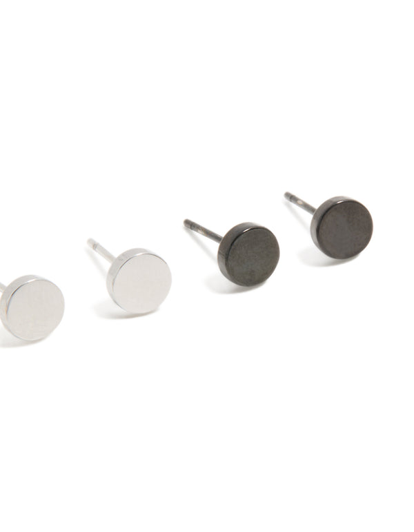 Mens Waterproof Mixed Plated Stainless Steel Flat Stud Earrings 3-Pack
