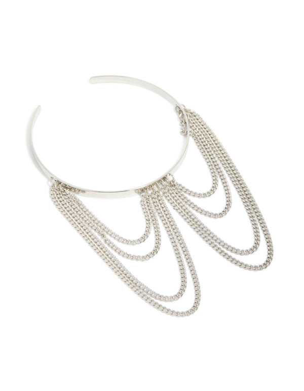 Showcasing a silver diamante chains drop arm cuff featuring statement style in front view