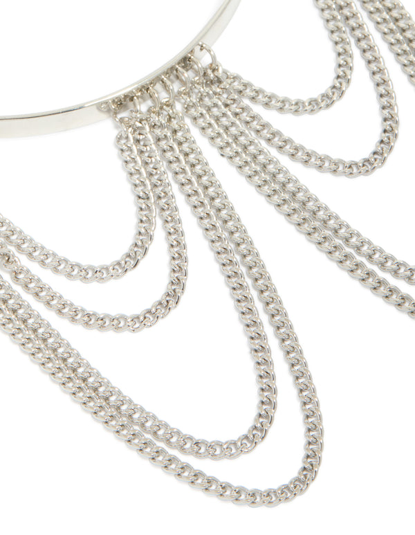 Crafted from silver with diamante chains drop arm cuff featuring statement style in close up view