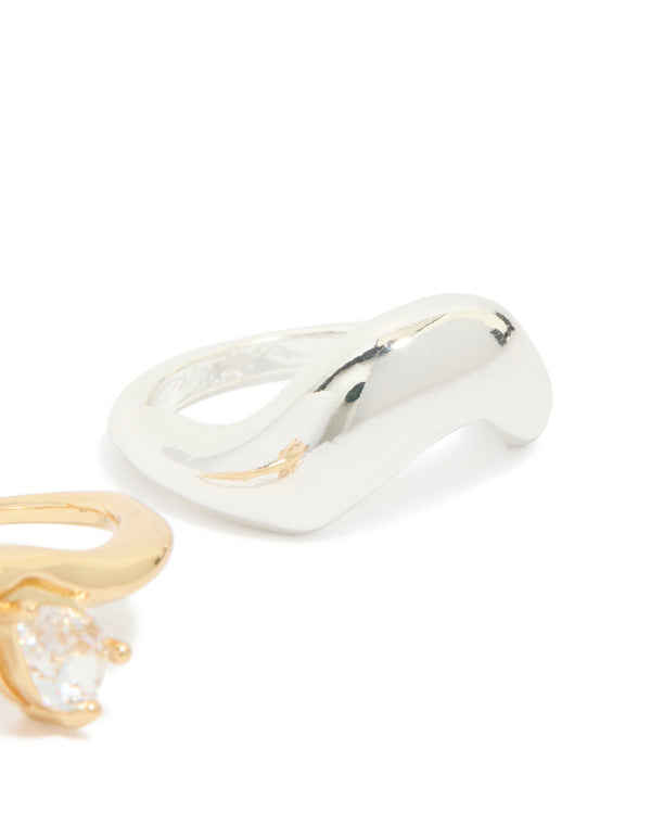 Mixed Metal Plated Cubic Zirconia Chunky Wave Rings 2-Pack