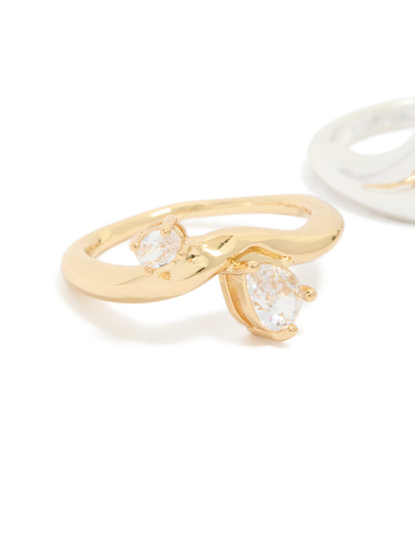Designed with gold and silver tones, this cubic zirconia chunky wave ring set close up view