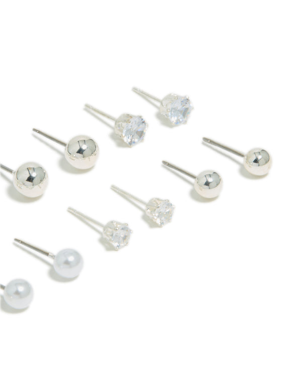Silver Mixed Basic Stud Earrings 8-Pack