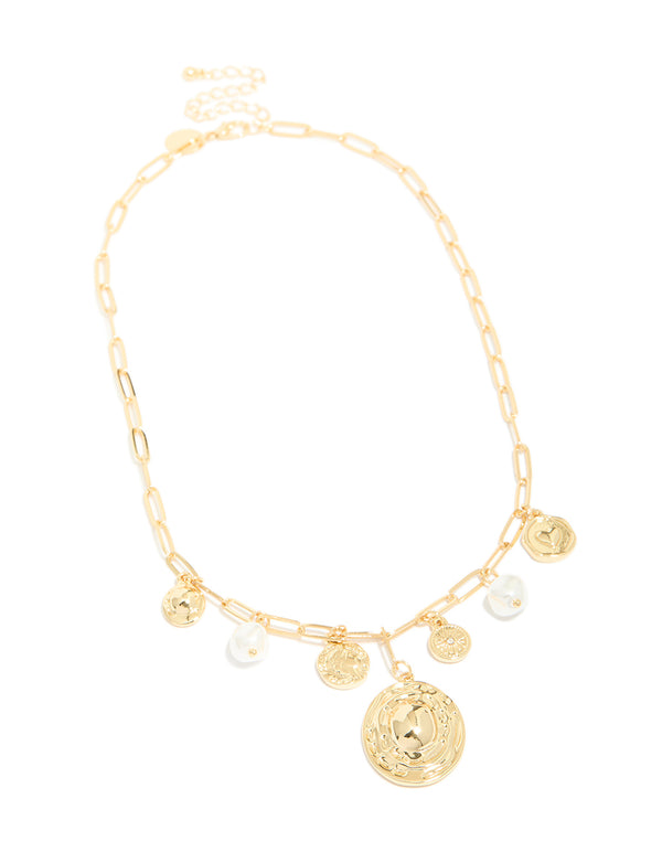 Designed with gold plated statement circle charm chain necklace featuring pearl and coin pendant details front view