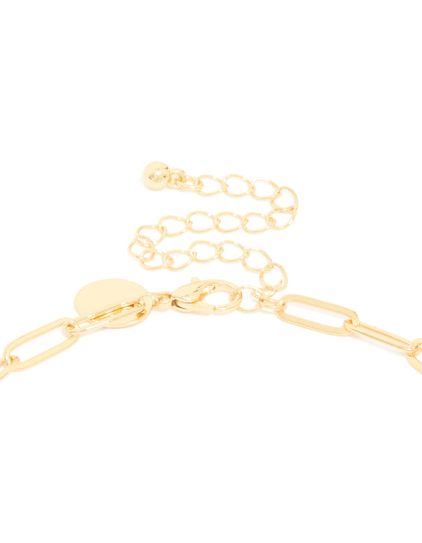 Highlighting gold plated statement circle charm chain necklace with clasp detail view