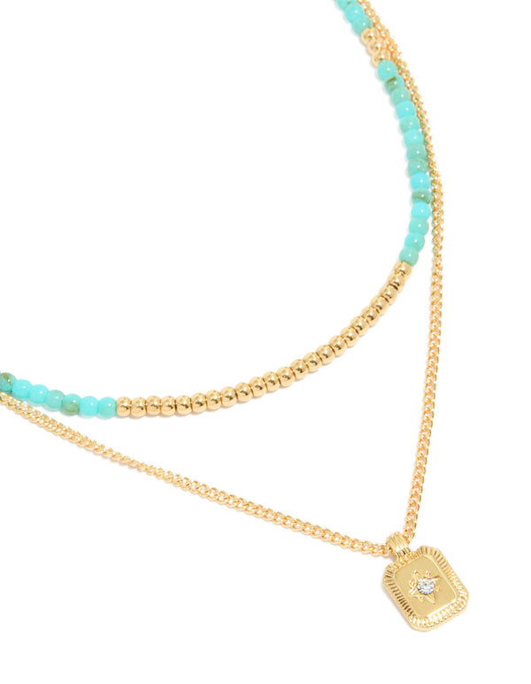 Gold Plated Blue Beaded & Celestial Pendant Layered Necklace