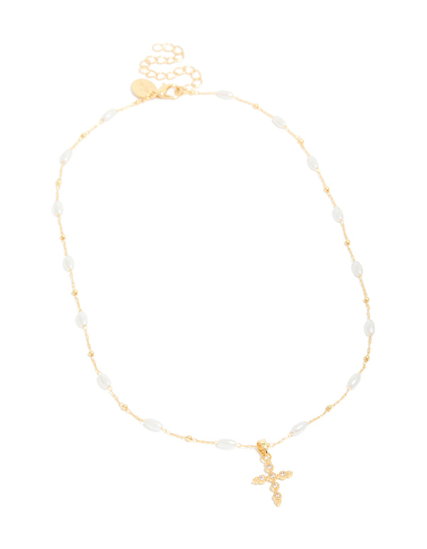 Gold Plated Cubic Zirconia Cross & Pearl Necklace