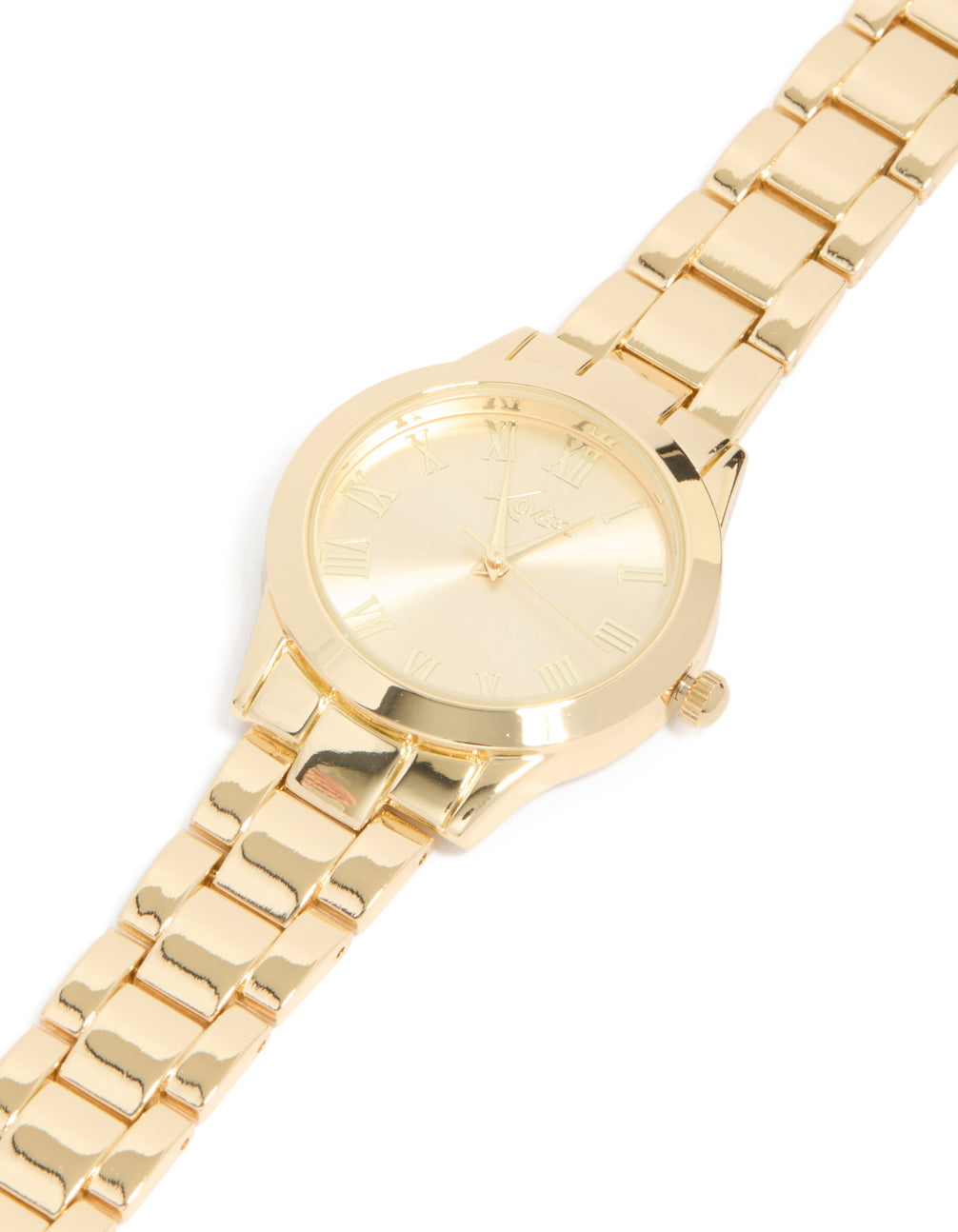 Featuring roman numeral numbers with gold dial round shape formal analog link-band strap in gold plated statement watch for women watch face dial view