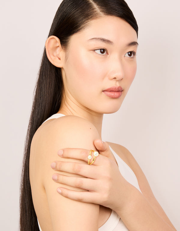Waterproof Gold Plated Stainless Steel Pearls Split Band Ring