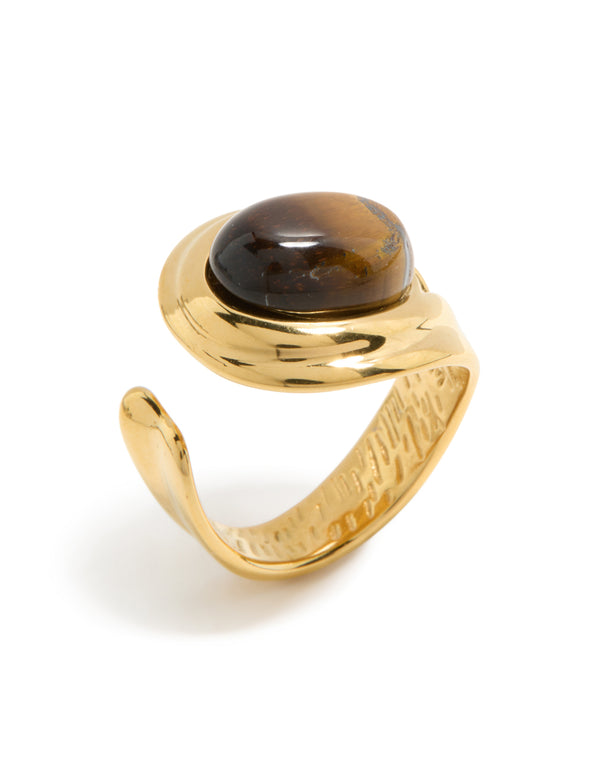 Waterproof Gold Plated Stainless Steel Brown Marble Oval Ring